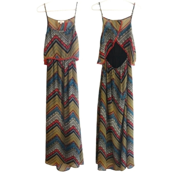 Umgee Aztec Chevron Print Semi Sheer Boho Maxi Dress with Back Cutout Small - Picture 15 of 15